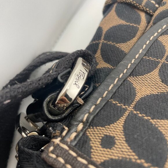 Fossil Signature Print Black/Brown Fabric Adjustable Crossbody Purse Vintage - Picture 15 of 15